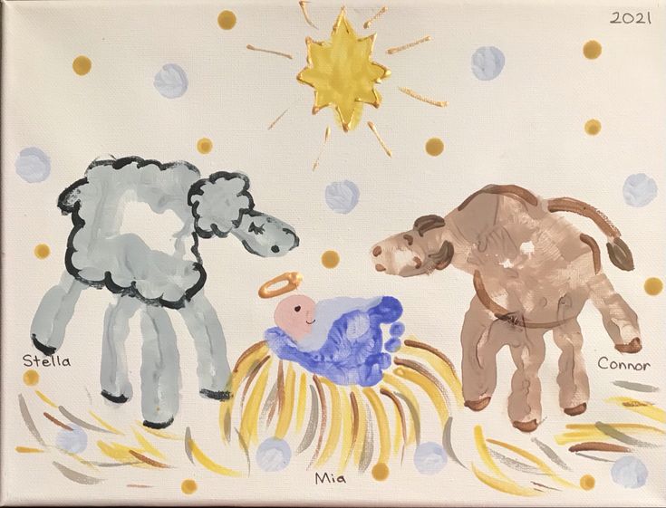 a painting of sheep and lambs in the snow, with stars above them on a white background