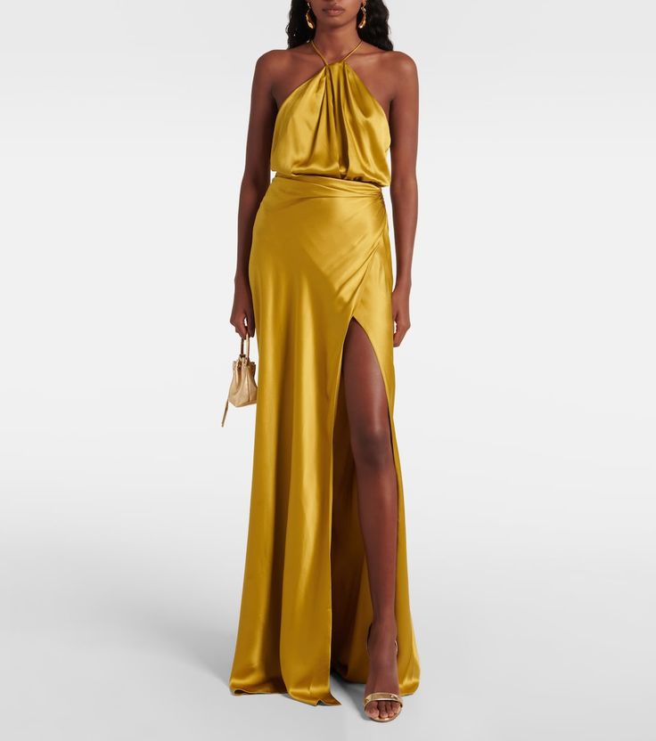 Draped silk gown in yellow - The Sei | Mytheresa Pre-draped Halter Neck Silk Maxi Dress, Silk Maxi Evening Dress For Gala, Silk Maxi Length Evening Dress For Gala, Silk Floor-length Pre-draped Gown, Pre-draped Silk Gala Dress, Satin Maxi Dress With Back Opening For Cocktail, Silk Cocktail Dress With Back Opening, Pre-draped Silk Bridesmaid Dress, Silk Dress With Back Opening For Cocktail