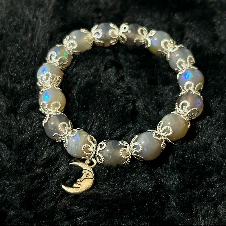 Moonstone Beaded Charm Bracelet, Silver Metal, Handmade, Stretchy Thick Beaded Bracelets, Rock Bracelets, Bracelet Business, Charm Bracelet Silver, Beaded Charm Bracelet, Bracelet Inspiration, Ideal Closet, Beaded Jewelry Bracelets, Bracelets Ideas