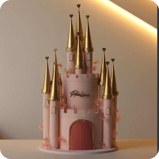 a pink castle cake with gold spires on top