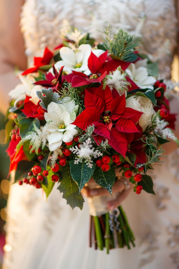 a bride holding a red and white bouquet with poinsettis, greenery and berries