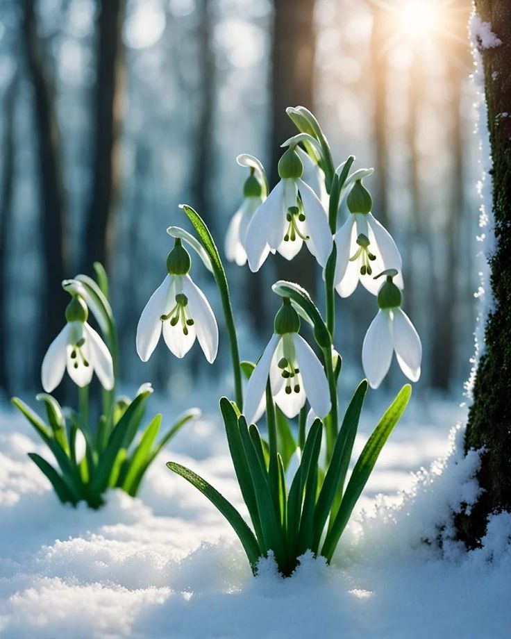 snowdrops blooming in the middle of a snowy forest with sunlight shining through the trees