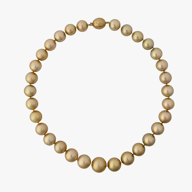 12 - 16mm Golden South Sea Pearl Necklace - Marina Korneev Classic Round Pearl Necklace With 17 Jewels, Formal Necklaces With Round High Luster Beads, Formal High Luster Round Bead Necklaces, Formal High Luster Round Beaded Necklaces, Classic Pearl Necklace With Polished Beads, Timeless Gold Pearl Necklace With Round Beads, Gold Pearl Necklace With Polished Round Beads, Formal Pearl Necklace With Polished Beads, Classic Polished Beads Pearl Necklace