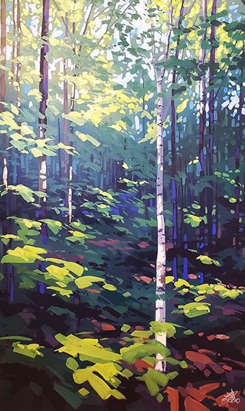 an oil painting of trees in the woods