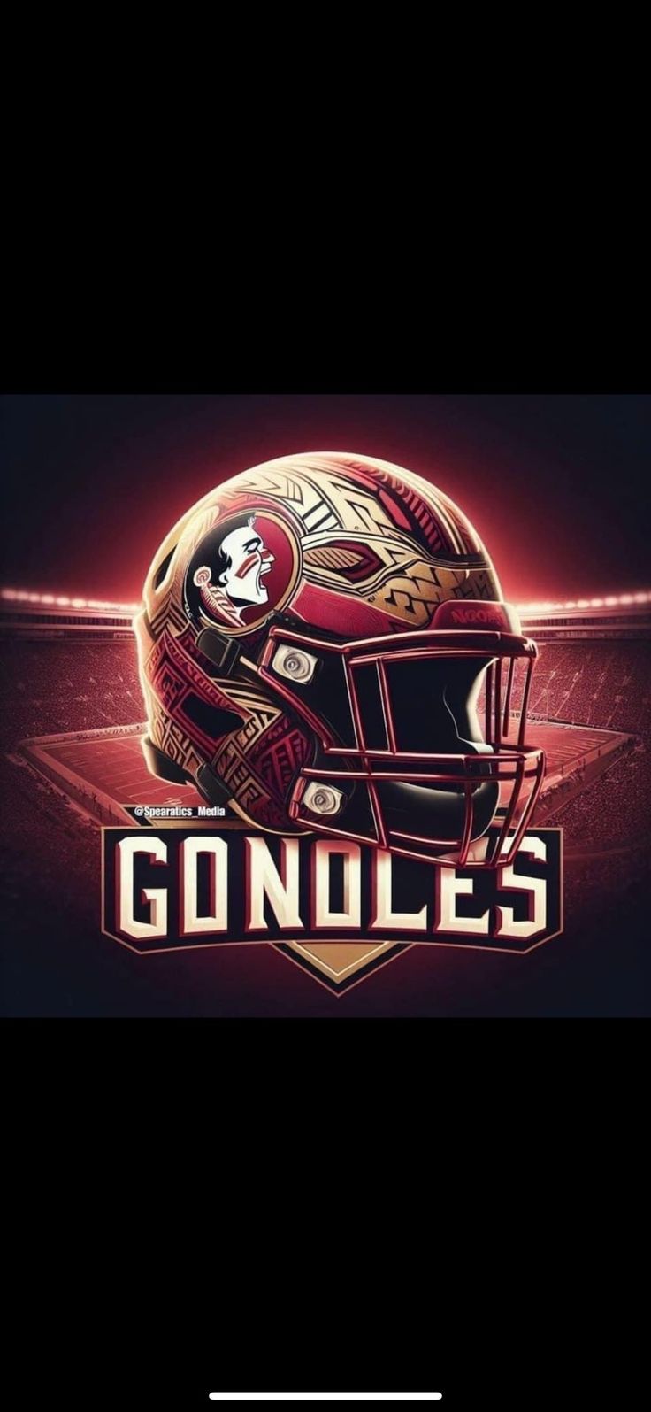 a helmet with the words gondoles on it in red and gold colors, against a black background