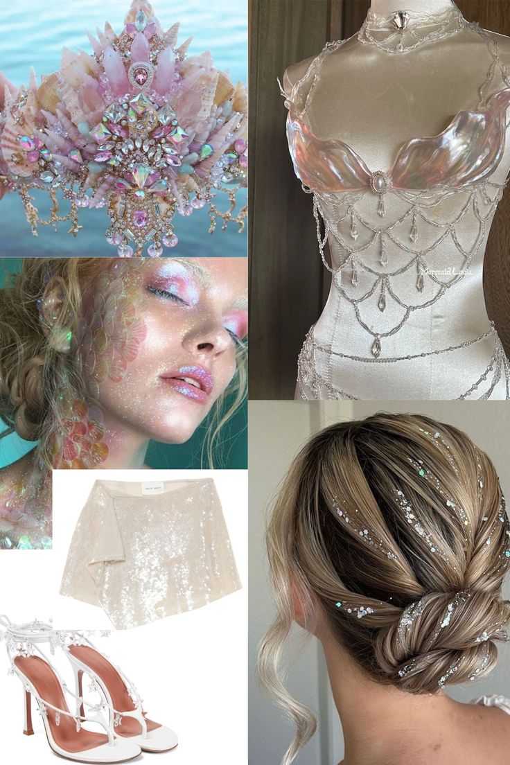 a collage of photos with different types of clothing and accessories including shoes, headpieces, hair clips, and jewelry