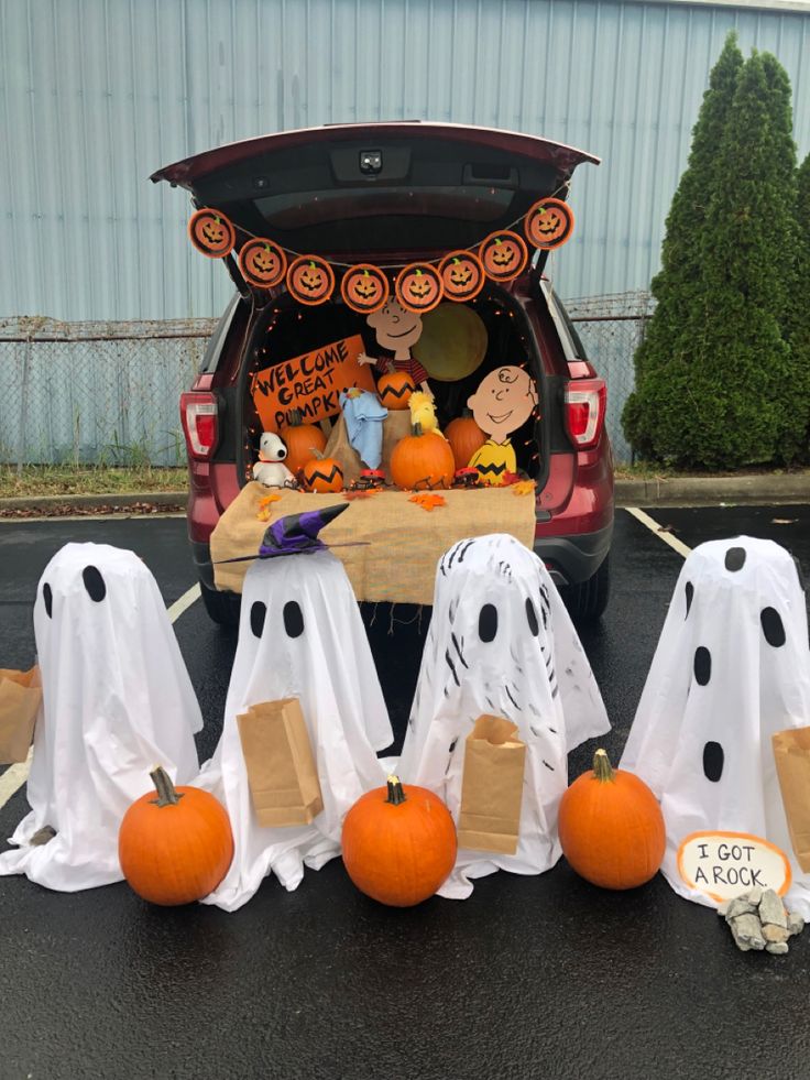 halloween decorations in the back of a van