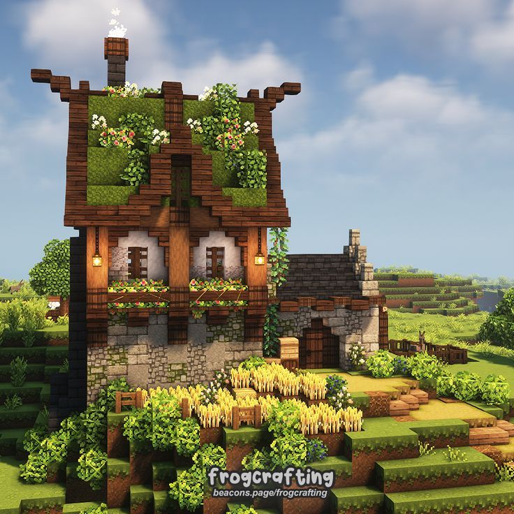 a small house with lots of plants growing on it's roof and the words frogcraft thing above it