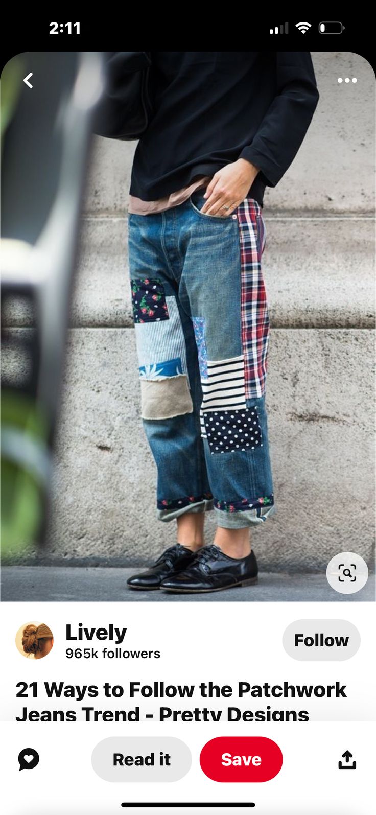 a man standing next to a wall with his hand in his pocket and the text, lively 21 ways to follow the patchwork jeans trend - pretty designs