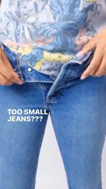 a woman's stomach is shown with the words too small jeans?