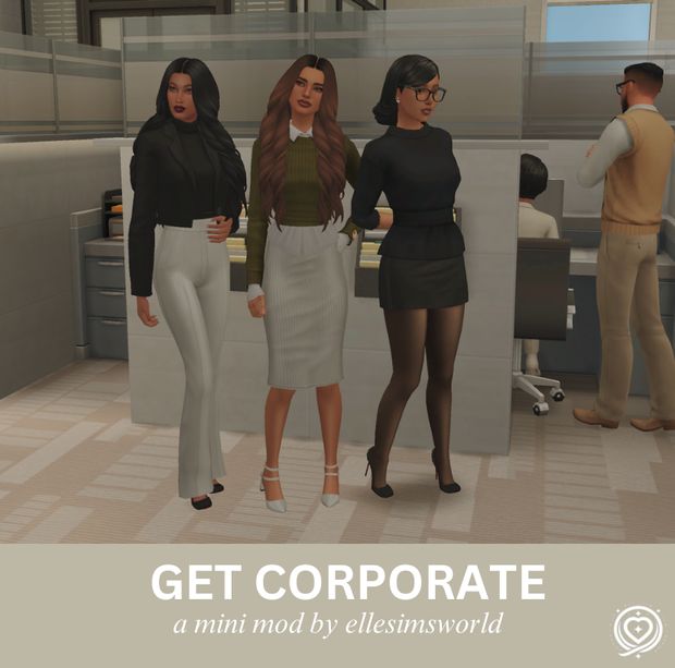 three women standing next to each other in an office setting with the caption get corporate