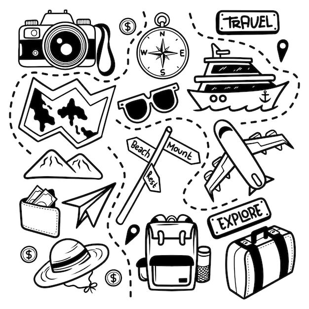 black and white illustration of travel related items in the shape of a circle on a white background