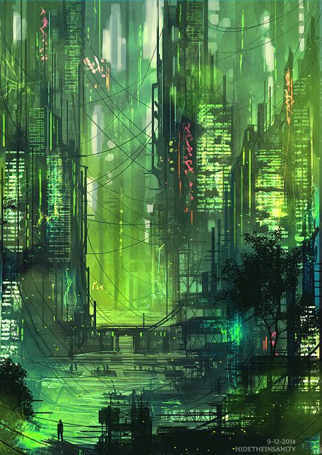 an image of a futuristic city with green lights