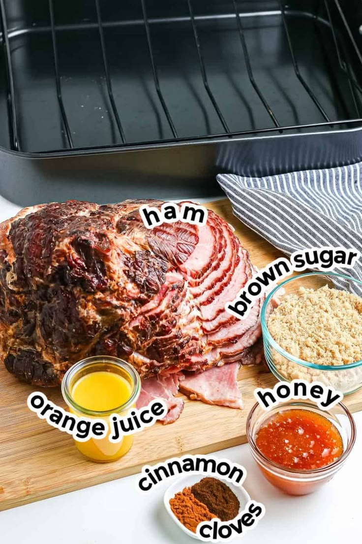 the ingredients to make a ham recipe on a cutting board