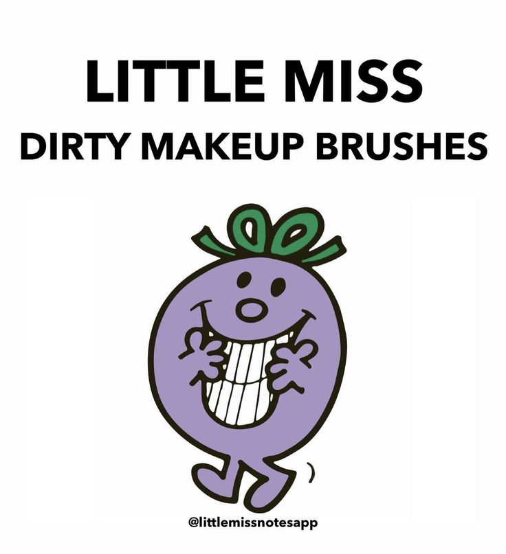 a purple cartoon character with a green bow on its head and the words little miss dirty makeup brushes