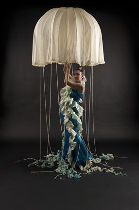 a woman in a blue dress is holding a white umbrella over her head with strings