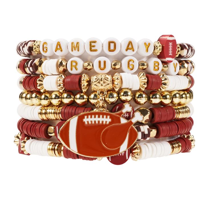 a stack of bracelets with football charms and beads on each one, featuring the words game day rugby