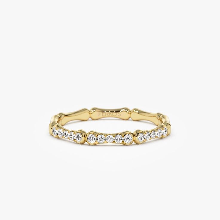 14k Pave Diamond Bamboo Ring | 14k Solid Gold Bamboo Ring / Half Eternity Stacking Bone Ring Minimalist Layering Ring Unique Diamond Ring ▶Item Details * Made to Order * Gold Kt: 14K (also available in 18K) * Available Gold Colors: Rose Gold, Yellow Gold, White Gold * Band Width: 2MM (Widest Part) * Round Diamond: 3 Pcs 1.1 MM * Round Diamond: 6 Pcs 1.2 MM * Round Diamond: 6 Pcs 1.4 MM * Diamond Color & Clarity: G Color SI Clarity * Diamond Ctw: 0.15 ctw * Ready to Ship in 3-10 Business Days ▶ See more of our Diamond Wedding Rings here - https://etsy.me/3YbpVq2 ▶ See our storefront here - http://etsy.me/2lUcVnH  ▶ All store sections here * Diamond Rings - http://etsy.me/2lwKUl8 * Diamond Earrings - http://etsy.me/2lyqVBP * Diamond Necklace - http://etsy.me/2mqa6O1 * Diamond Bracelets - htt Minimalist 14k Gold Eternity Band With Vvs Clarity, 14k Gold Eternity Band With Bezel Setting As Gift, Fine Jewelry Stackable Open Eternity Band, Minimalist Yellow Gold Diamond Bands, Yellow Gold Stackable Rings With Bezel Setting, Stackable 14k Gold Eternity Band Promise Ring, 14k Gold Half Eternity Diamond Ring With Open Band, Luxury Stackable Round Eternity Band, Timeless Stackable Rings With Prong Setting