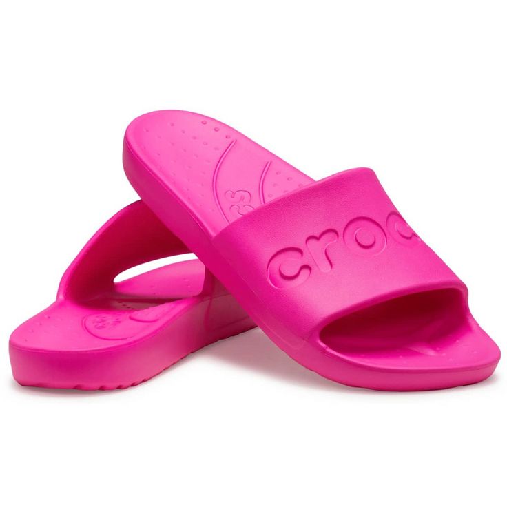 This simple, easy to wear slide offers essential Crocs comfort and style at an amazing price. A sleek upper features the Crocs logo, and a fully molded Croslite design makes it lightweight and comfortable. An everyday slide sandal that’s so perfect, you’ll want multiple pairs! Pink Cushioned Slides For Swimming, Pink Open Toe Slides For Swimming, Open Toe Pink Slides For Swimming, Pink Open Toe Slides, Pink Slip-on Slides For Swimming, Casual Pink Slip-resistant Sandals, Pink Open Toe Slides With Arch Support, Comfortable Slip-resistant Slides, Pink Slides With Arch Support