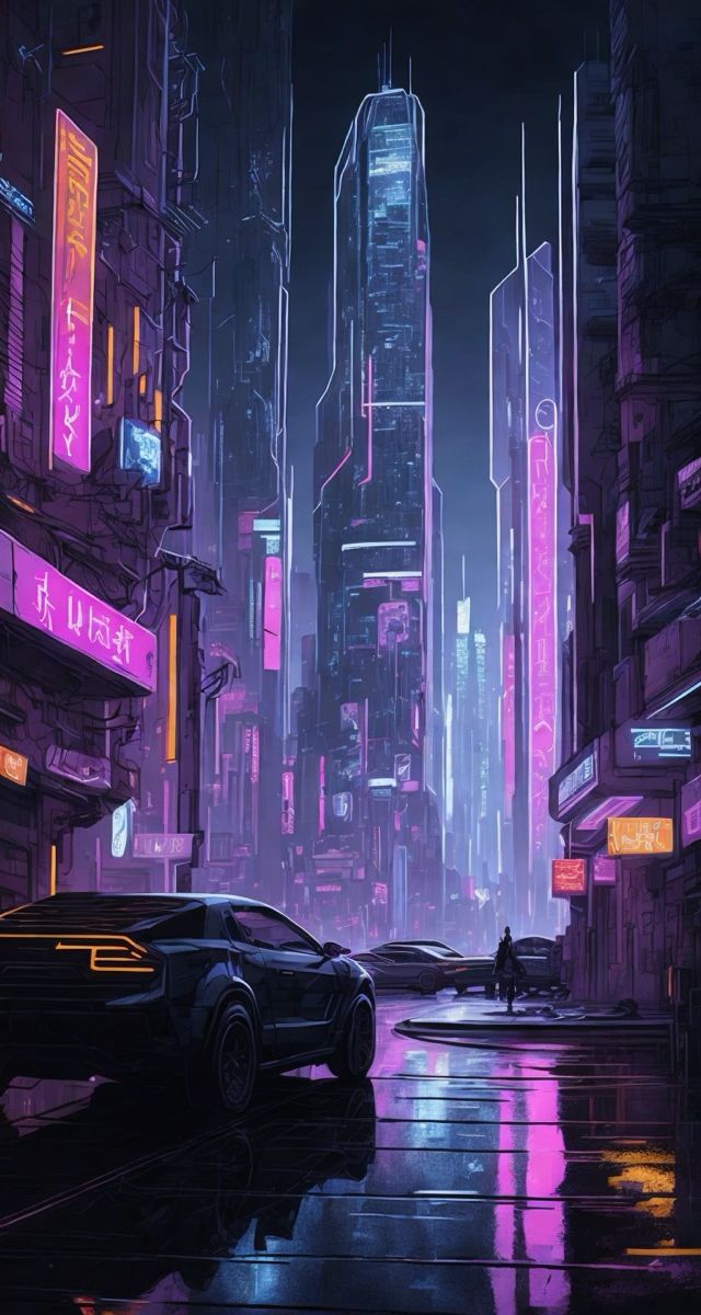 a futuristic city at night with neon lights and cars parked on the street in front of tall buildings