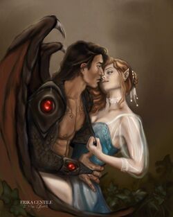 a man and woman are hugging in front of a large dragon's head with red eyes