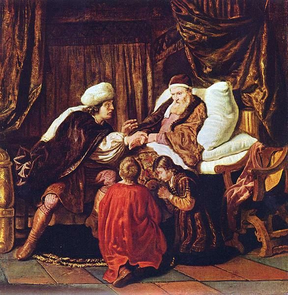 a painting of two men and a child sitting on a bed