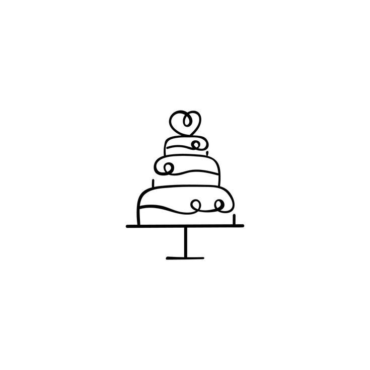 a black and white drawing of a three tiered cake with hearts on the top