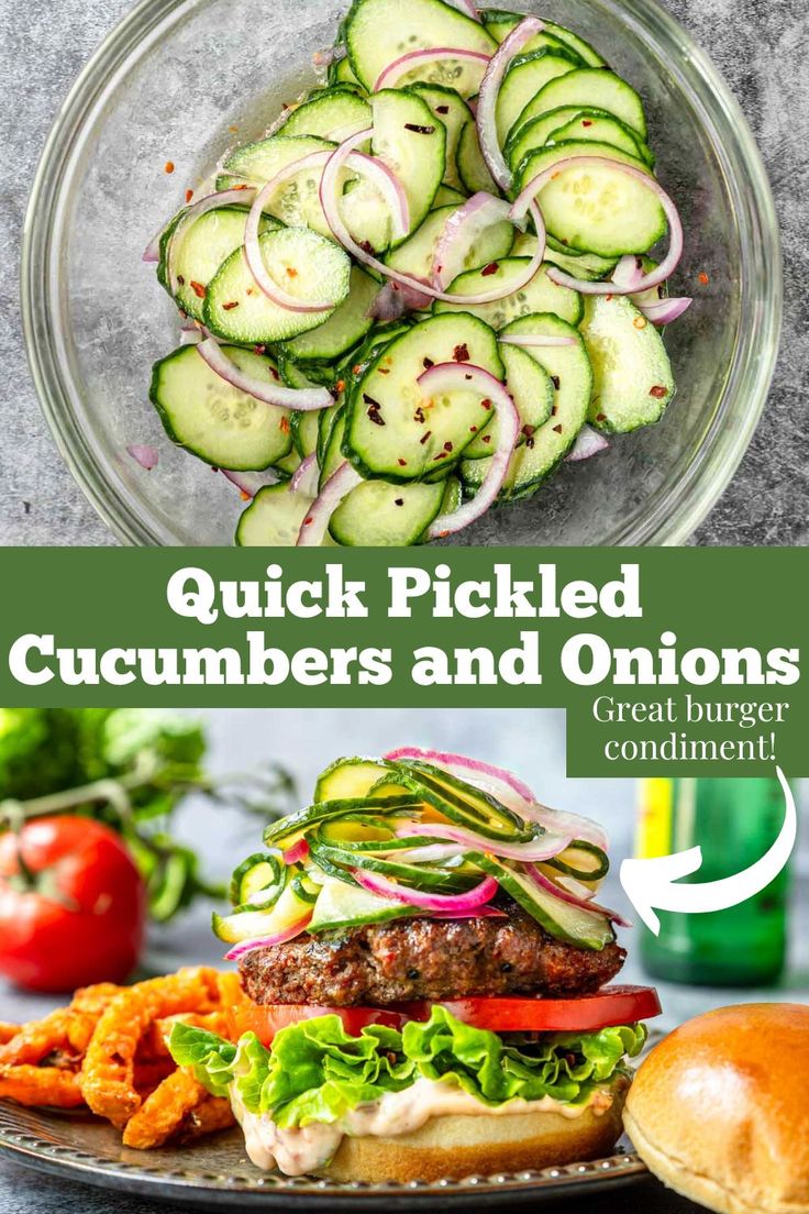 cucumbers and onions on a plate next to a sandwich with the words quick pickled cucumbers and onions