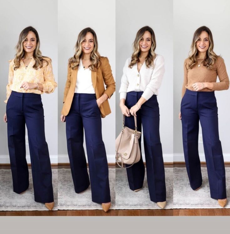 Blue And White Work Outfit, Navy Cropped Pants Outfit, Bogota Outfit, Outfit Pantalon, Pants Outfit Work, Casual Work Outfits Women, Office Casual Outfit, Professional Outfits Women, Business Casual Outfits For Work