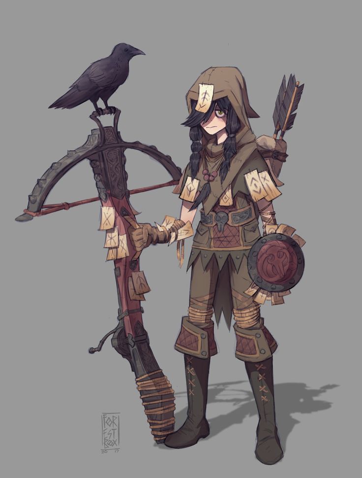 a woman with a crow on her shoulder holding an arrow and standing next to a bird