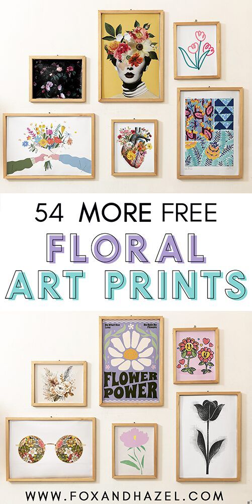 a bunch of framed pictures on the wall with text overlay that reads 54 more free floral art prints