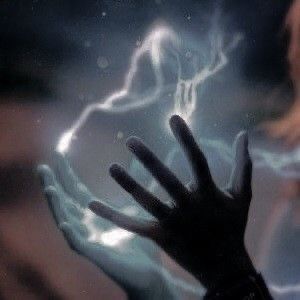 a person holding their hand up in front of a lightening background with the fingers extended out