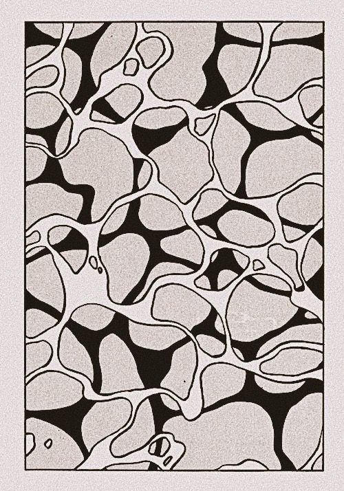 black and white image of an abstract pattern with wavy lines in the center, as well as small dots at the bottom