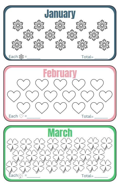 four month calendars with hearts and snowflakes on them, each one has the same