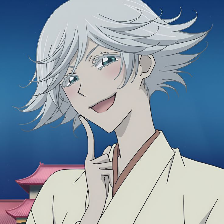 an anime character with white hair and blue eyes smiles at the camera while holding his finger up to his mouth