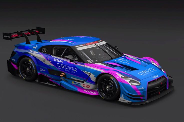 a blue and pink race car on a gray background