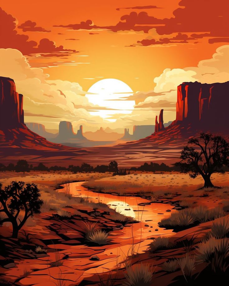 a painting of the desert at sunset with mountains and trees in the foreground, and a river running through it