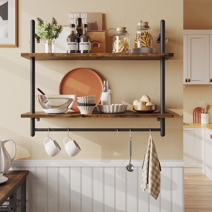 the shelves are holding dishes and utensils on them, along with other kitchen items