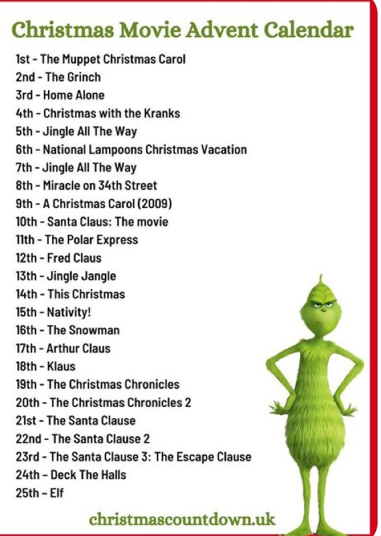 the grinch christmas movie calendar with its names in red and green, on a white background