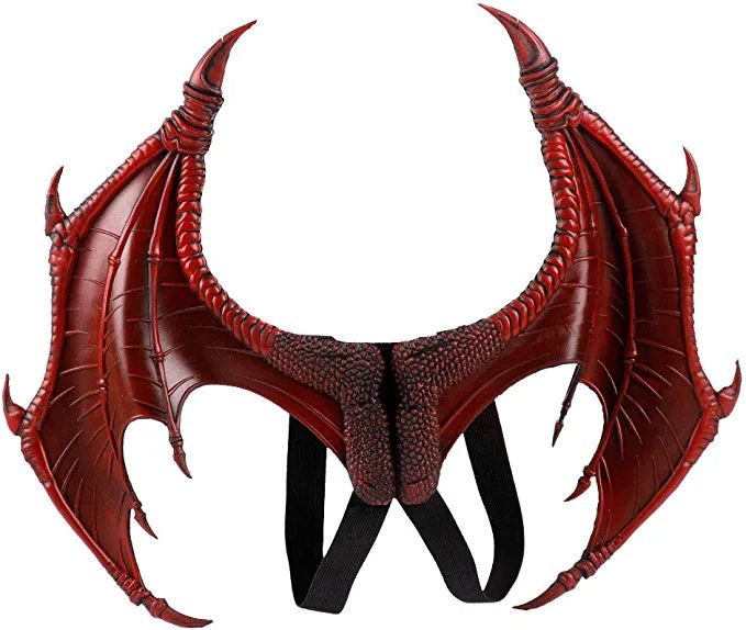 a red dragon headdress with black straps