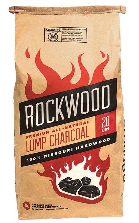 rockwood lump charcoal 20 pound bag with fire on the front and back side, ready to be used in barbecue grilling