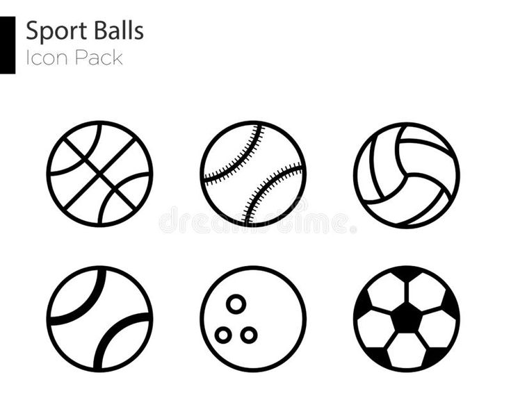 six different types of sports balls in black and white, with the text sport balls on each