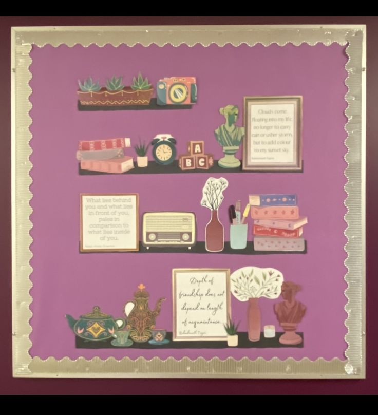 there is a purple wall with pictures and other things on it that are arranged in the shape of shelves