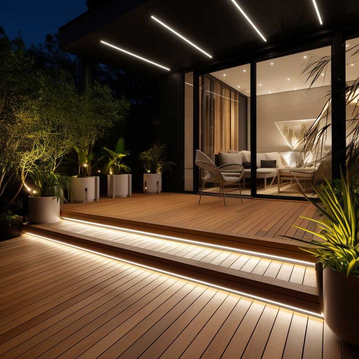 an outdoor deck lit up with lights and plants