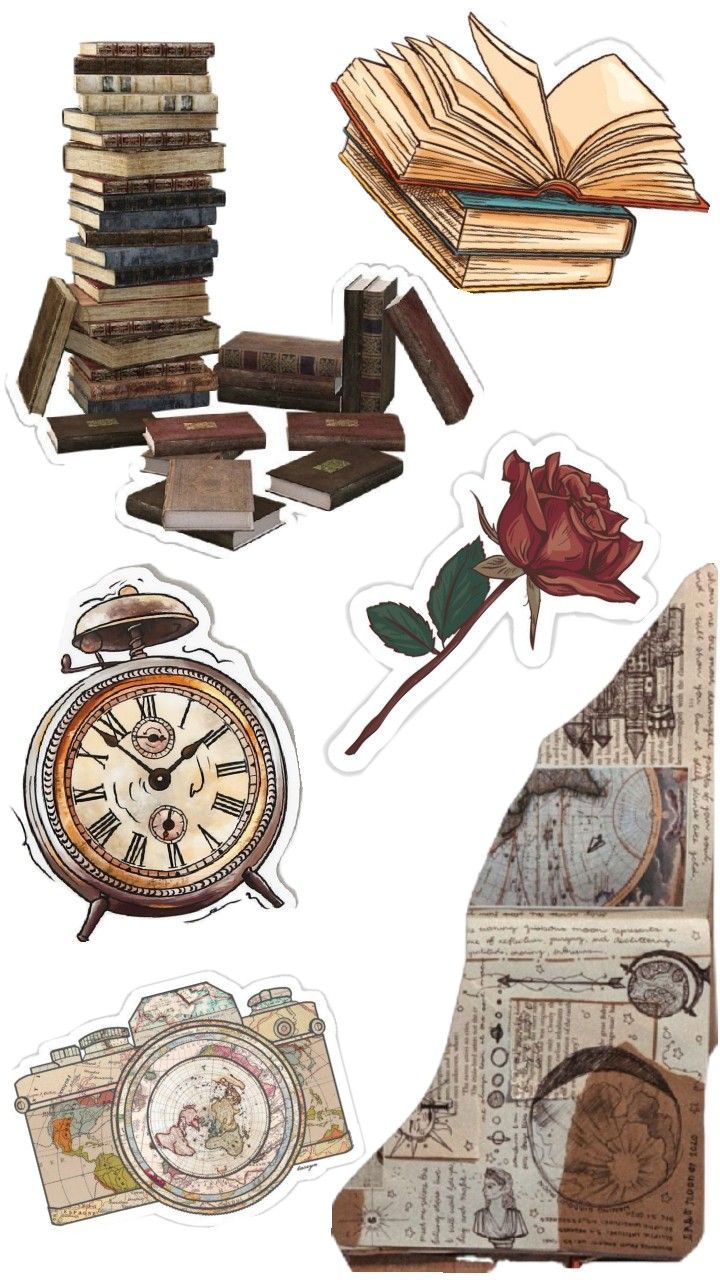 an assortment of old books and other items on a white background, including a rose