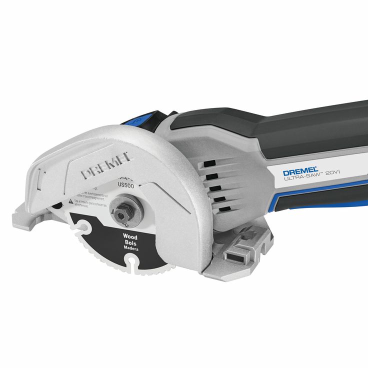 a corded circular saw on a white background with blue trimming tool in the foreground