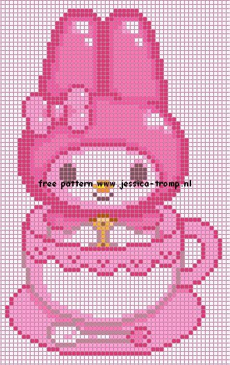 a cross stitch pattern with a pink hat on it