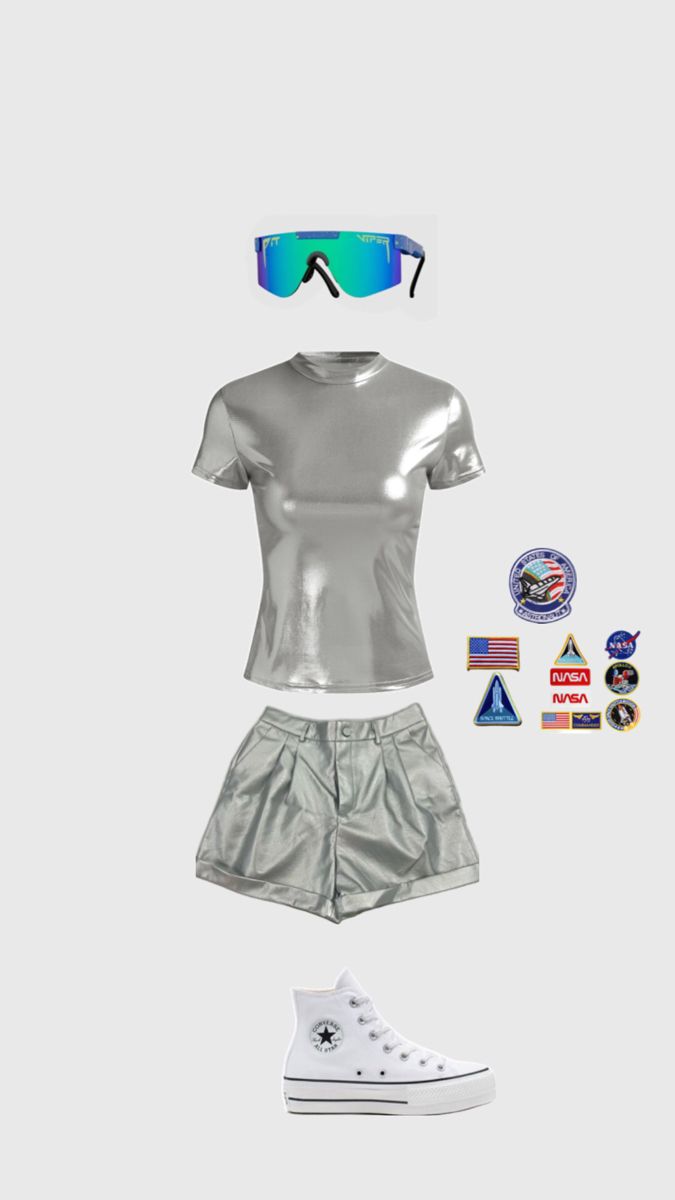 a woman's silver outfit with sunglasses and white converse sneakers is featured in this image