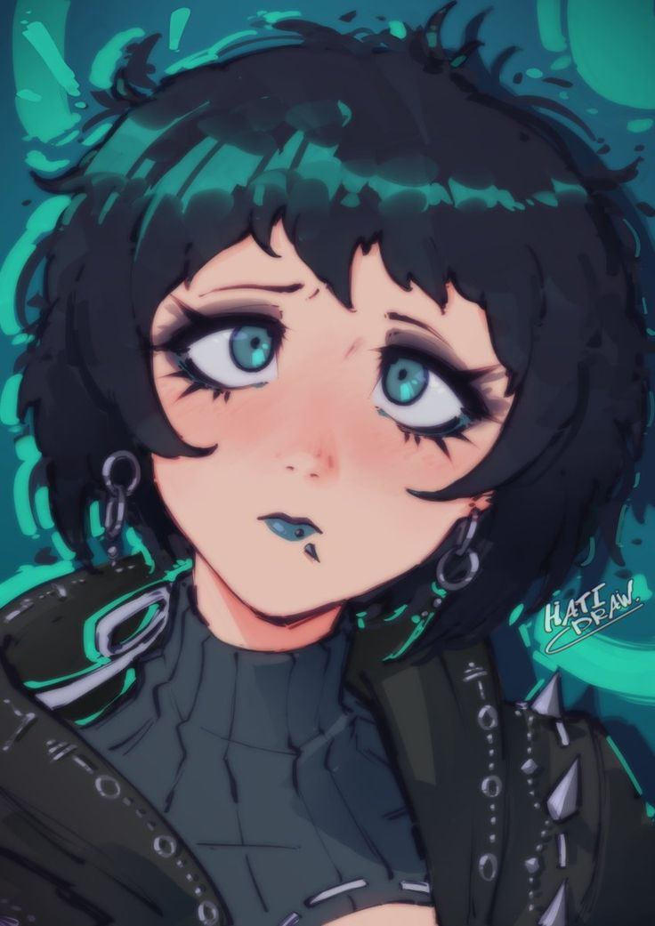 an anime character with blue eyes and piercings on her ears, wearing black leather jacket