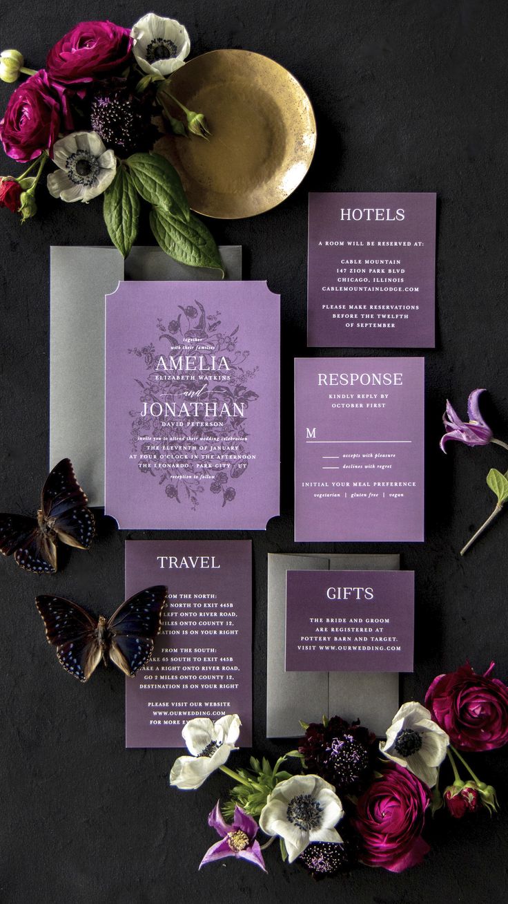 purple and silver wedding stationery with flowers